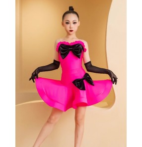 Girls kids fuchsia hot pink latin ballroom dance dresses salsa rumba chacha performance costumes with bowknot for children